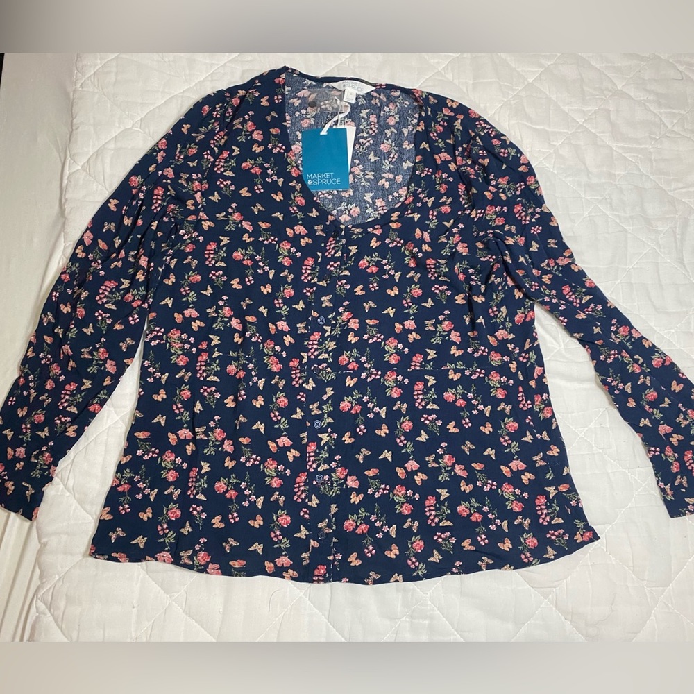 Market & Spruce. Clara Waist Detail V Neck Top.  Navy Blue Large.